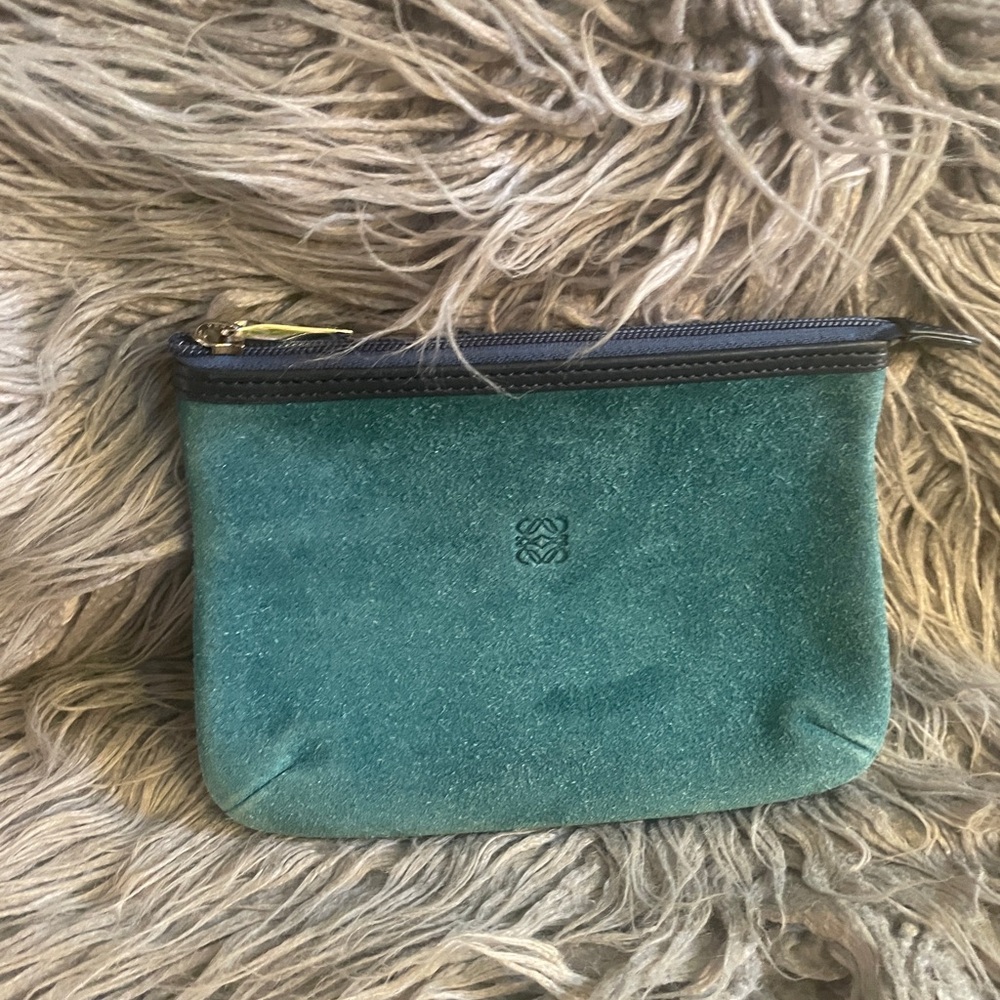 Loewe Turquoise Suede Zip Cosmetic Pouch Clutch W Embossed Logo and Blue Zipper